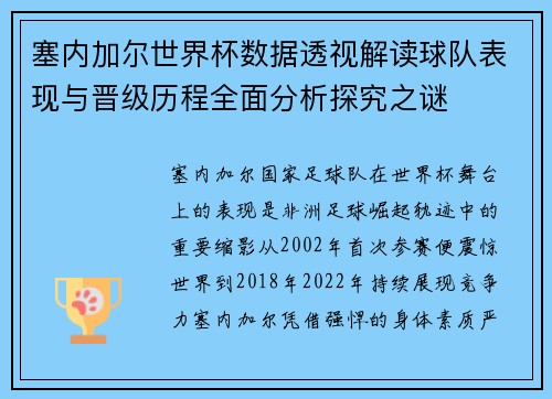塞内加尔世界杯数据透视解读球队表现与晋级历程全面分析探究之谜